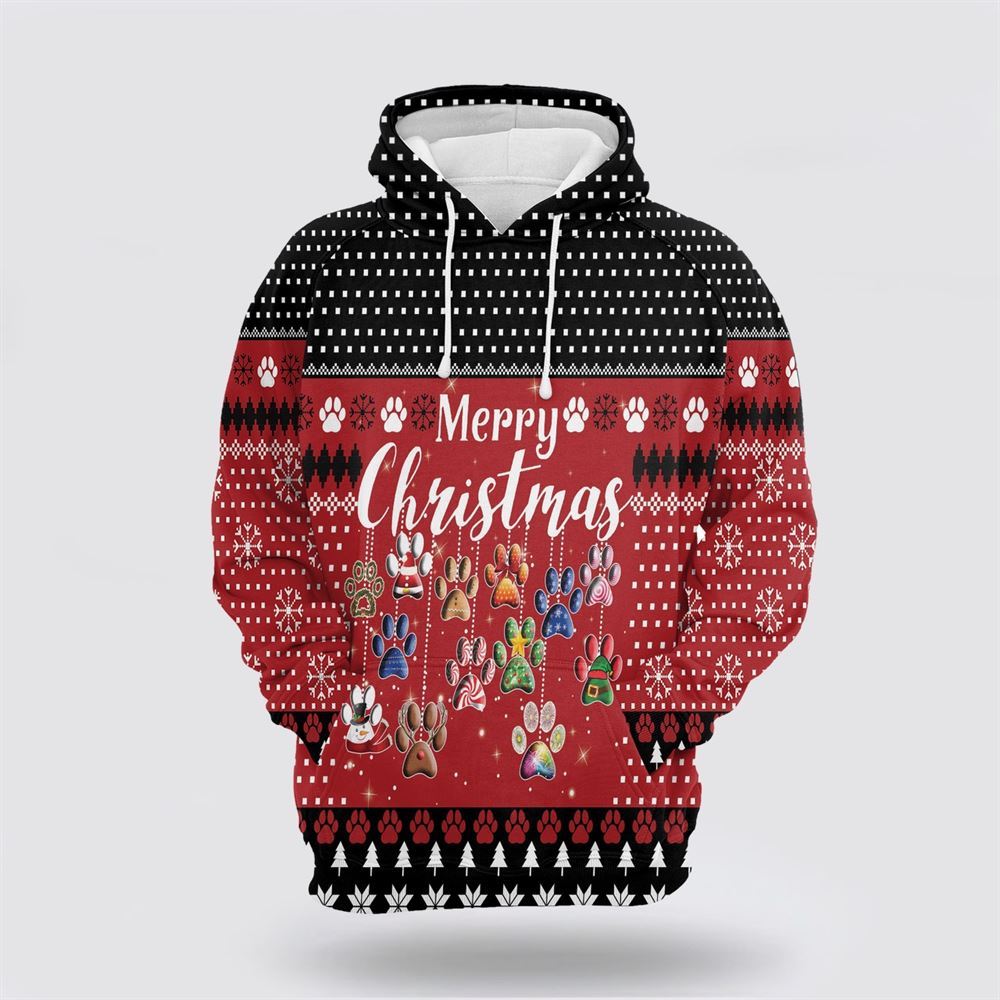 Christmas 3D Hoodie, Dog Paws Merry Christmas All Over Print 3D Hoodie