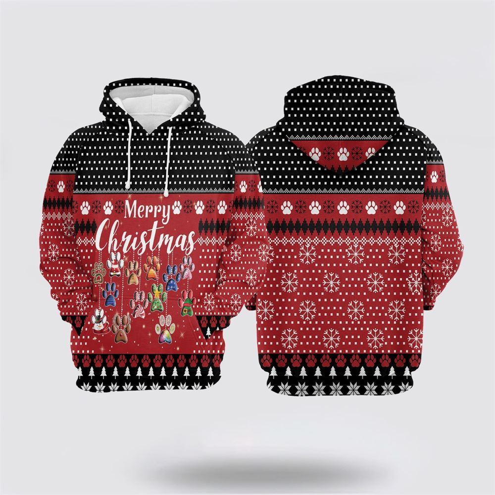 Christmas 3D Hoodie, Dog Paws Merry Christmas All Over Print 3D Hoodie