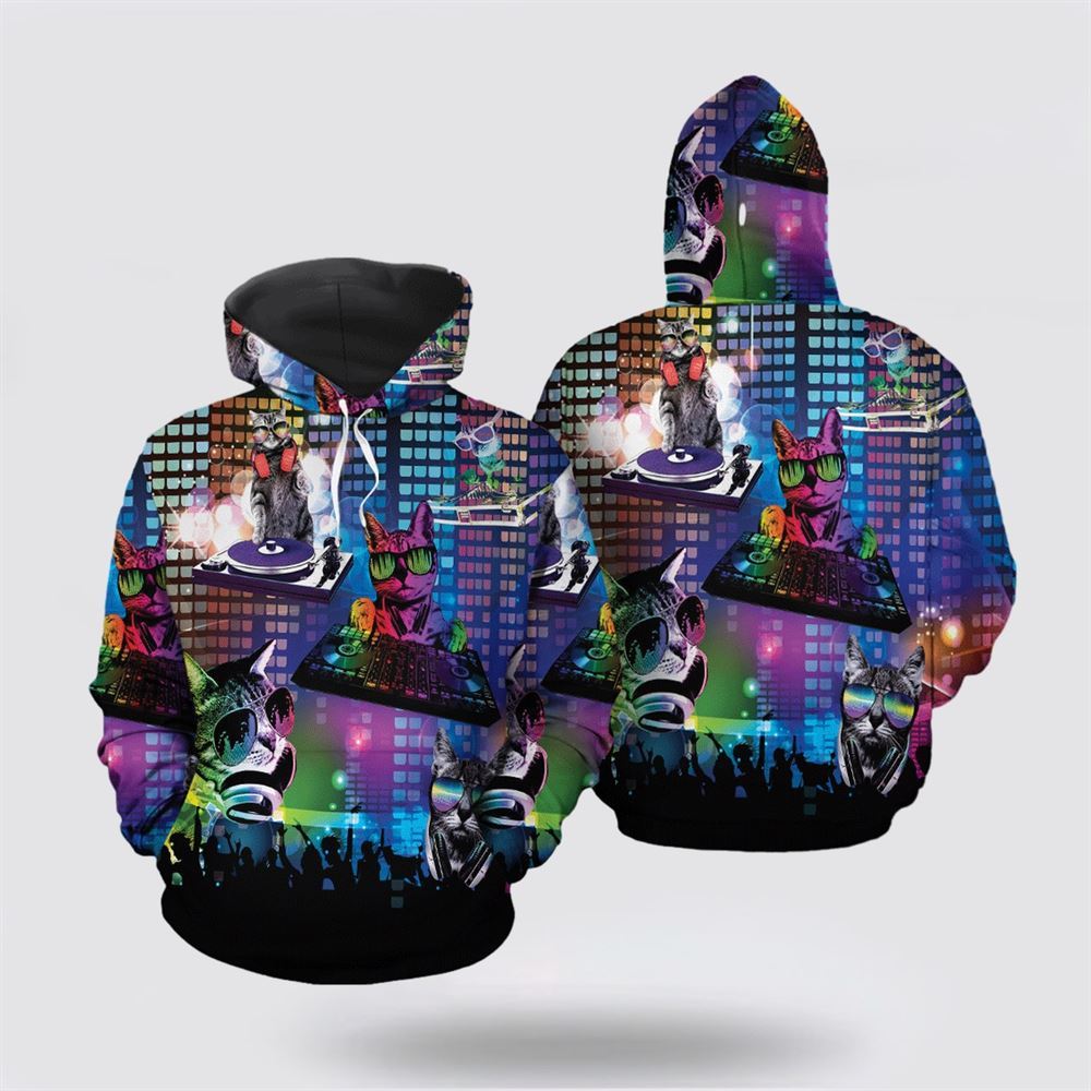 Christmas 3D Hoodie, Funny DJ Cat All Over Print 3D Hoodie