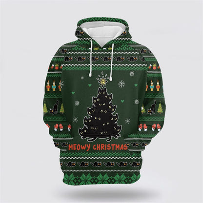 Christmas 3D Hoodie, Meowy Christmas Black Cat All Over Print 3D Hoodie