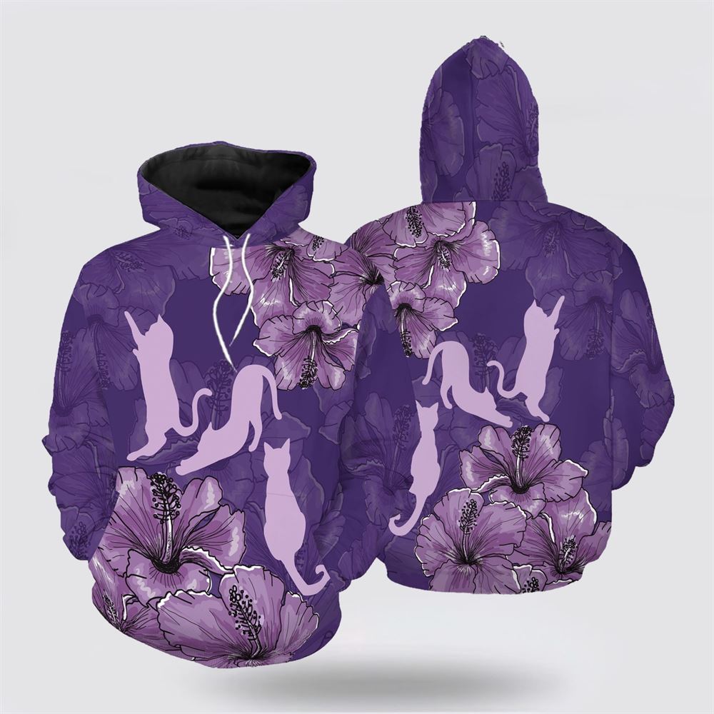 Christmas 3D Hoodie, Purple Hibiscus Cat All Over Print 3D Hoodie