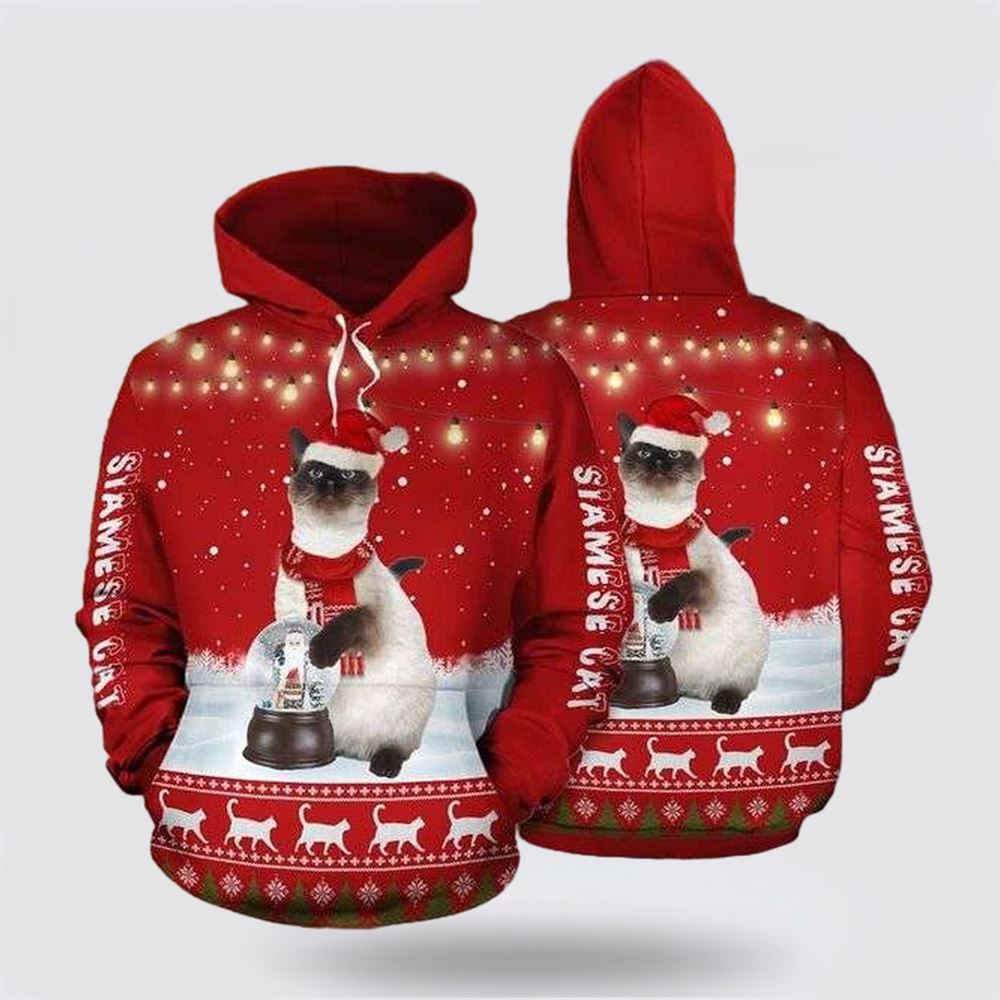 Christmas 3D Hoodie, Siamese Cat Christmas Red All Over Print 3D Hoodie