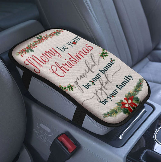 Christmas Begins With Christ Cross Snowman Christmas Car Center Console Cover, Bible Verse Armrest Pad Cover, Scripture Car Accessory