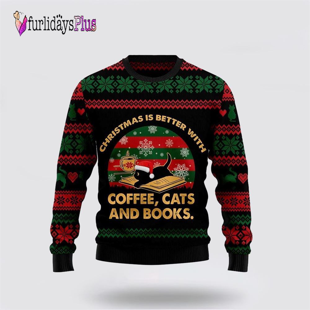 Christmas Better With Cat And Book Ugly Christmas Sweater, Cat Lover Christmas Sweater