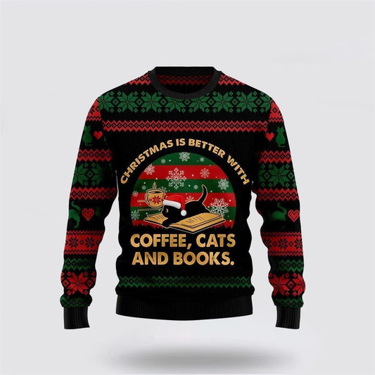 Christmas Better With Cat And Book Ugly Christmas Sweater, Christmas Sweater For Cat Lover