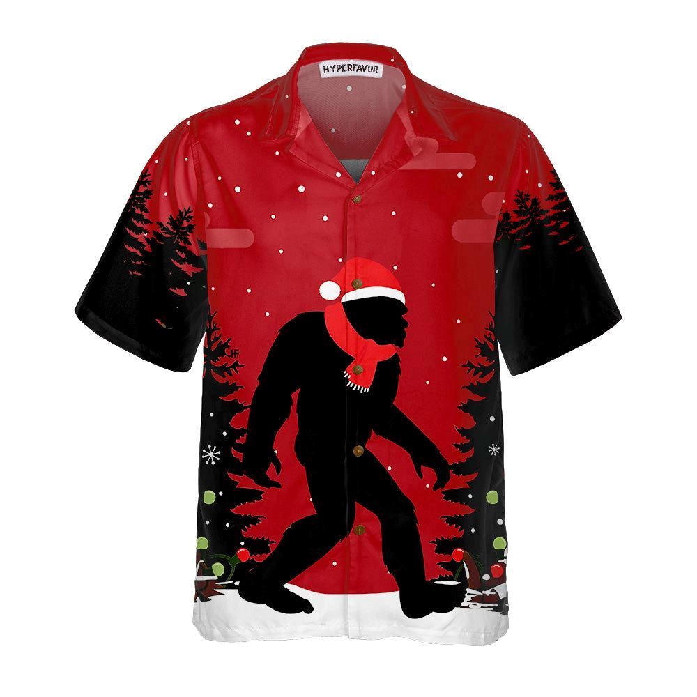 Christmas Bigfoot In The Forest Hawaiian Shirt, Xmas Hawaiian Shirts