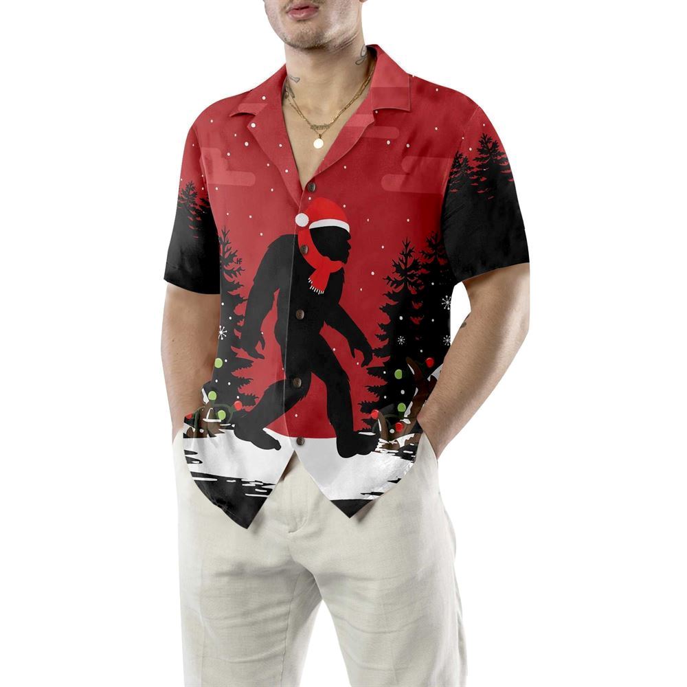 Christmas Bigfoot In The Forest Hawaiian Shirt, Xmas Hawaiian Shirts