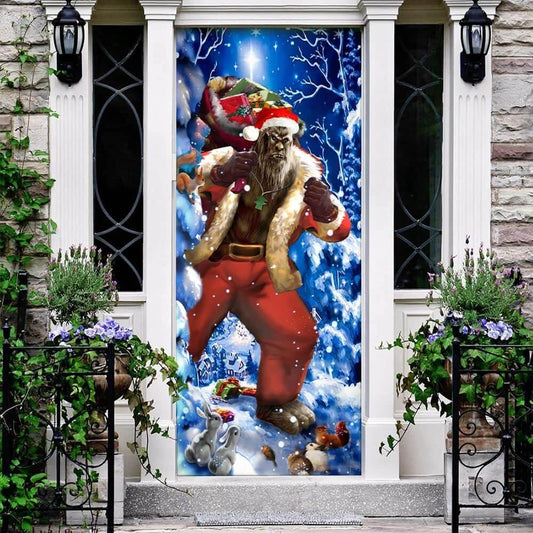 Christmas Door Cover, Bigfoot Door Cover Christmas Forest Decor, Front Door Christmas Cover, Xmas Door Covers