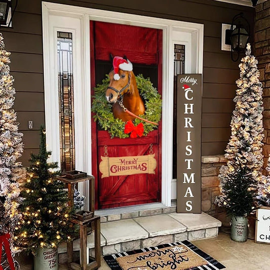 Christmas Door Cover, Christmas Horse Door Cover, Merry Christmas Horse In Stable Door Cover, Xmas Door Covers