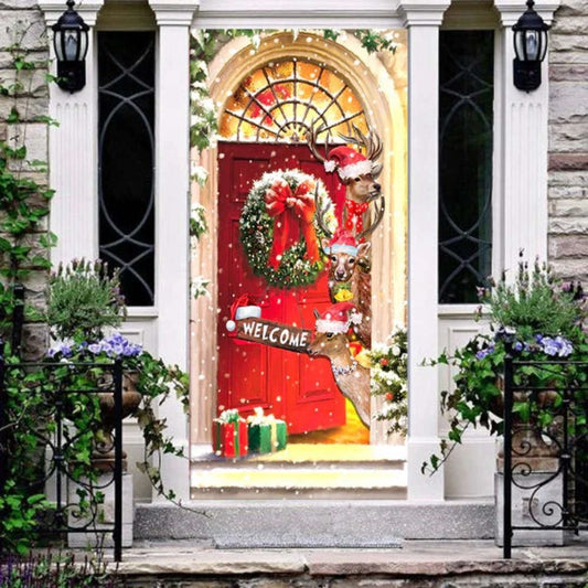 Christmas Door Cover, Festive Deer Merry Christmas Door Cover Funny Xmas Home Decor, Xmas Door Covers