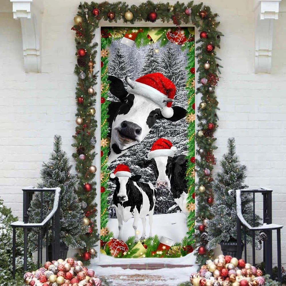 Christmas Door Cover, Oh Mooey Christmas Dairy Cattle Door Cover Decorations, Xmas Door Covers