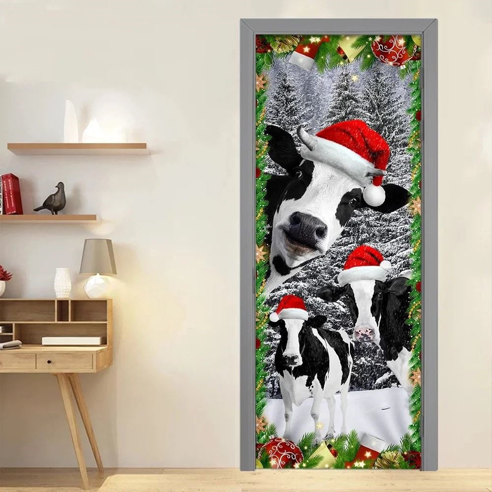 Christmas Door Cover, Oh Mooey Christmas Dairy Cattle Door Cover Decorations, Xmas Door Covers