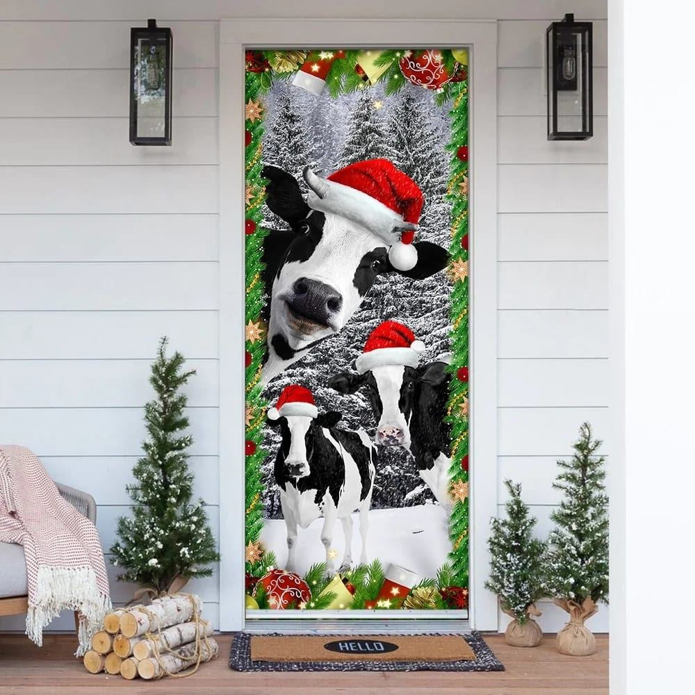 Christmas Door Cover, Oh Mooey Christmas Dairy Cattle Door Cover Decorations, Xmas Door Covers