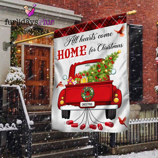 Christmas Flag, All Hearts Come Home For Christmas Red  Truck Flag