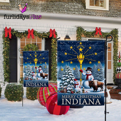Christmas Flag, Indiana Christmas Flag Snowman with Gold Torch Merry Christmas