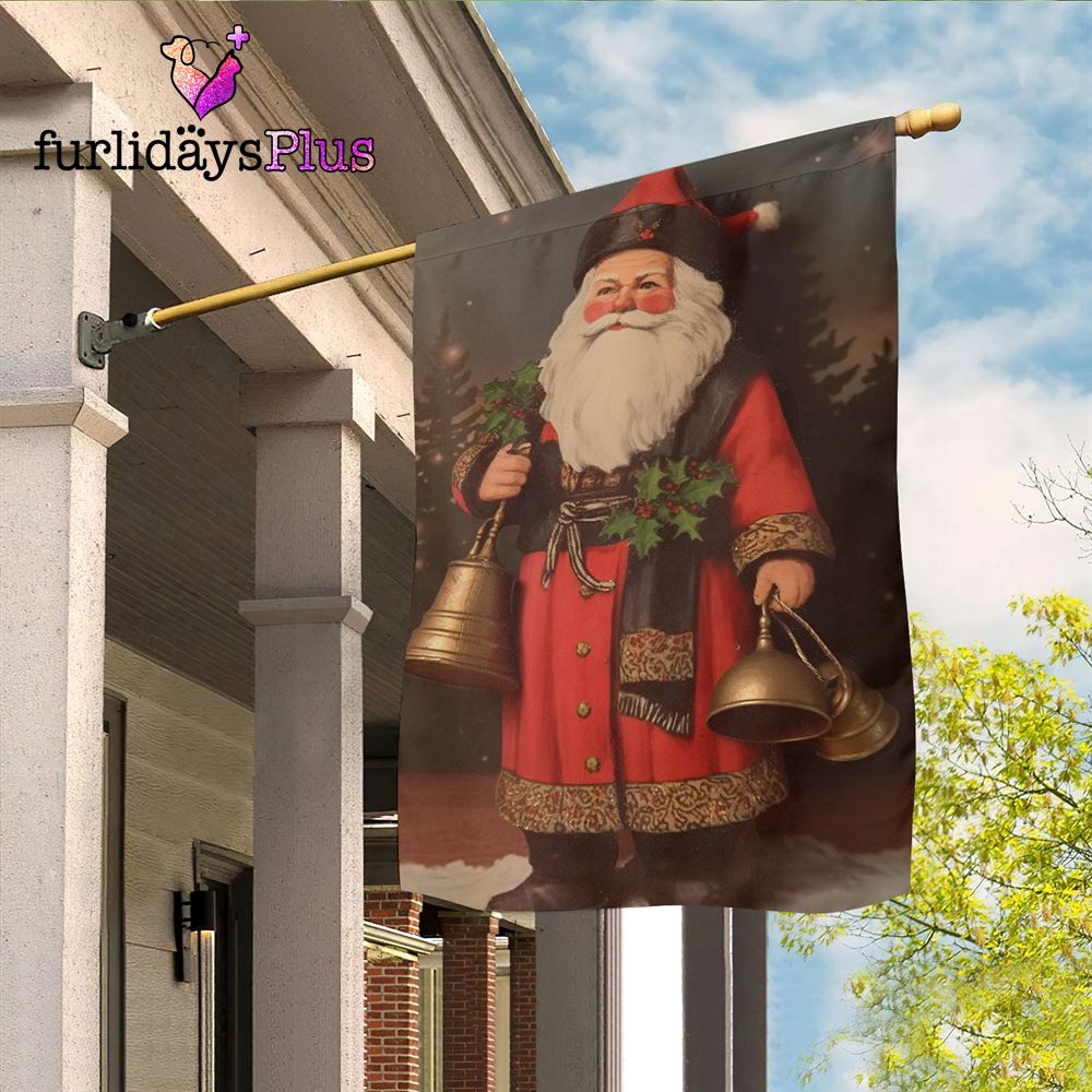 Christmas Flag, Santa Claus Is Holding Bells In His Hand Santa Claus Garden Flag