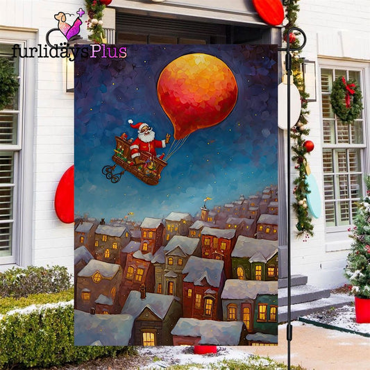 Christmas Flag, Santas Magical Balloon Ride Over Winter Town Santa Claus Xmas Garden Flag