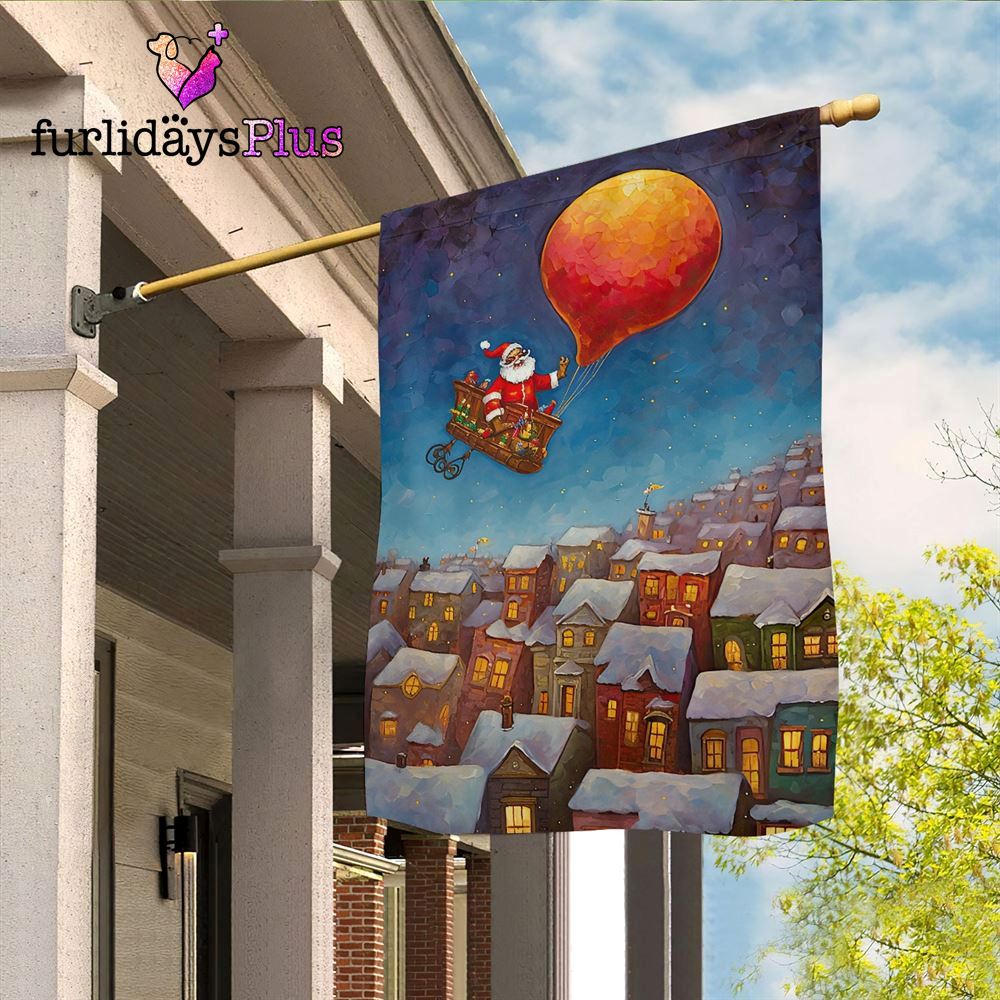 Christmas Flag, Santas Magical Balloon Ride Over Winter Town Santa Claus Xmas Garden Flag