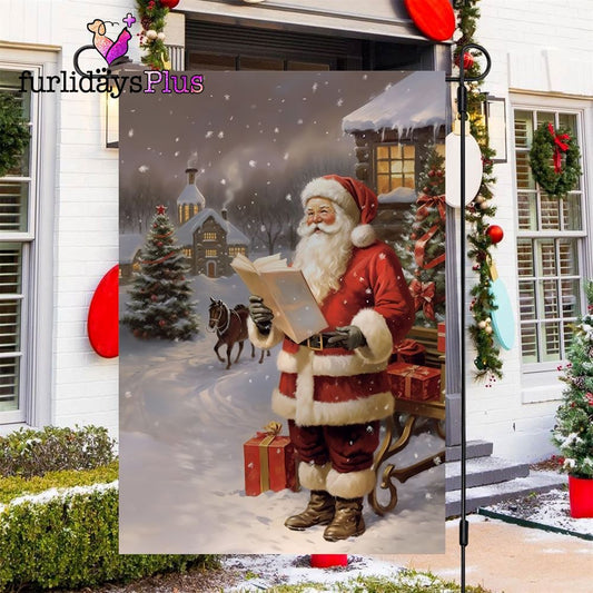 Christmas Flag, Santas Snowy Soiree Gifts And Reading Book Santa Claus Garden Flag