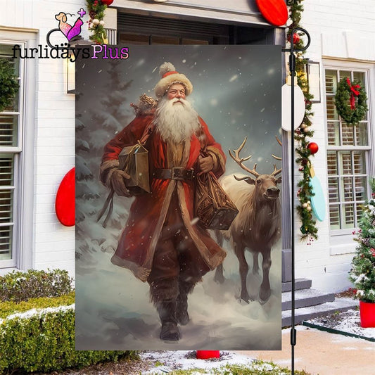 Christmas Flag, Santas Wintry Walk With The Majestic Reindeer Santa Claus Xmas Garden Flag
