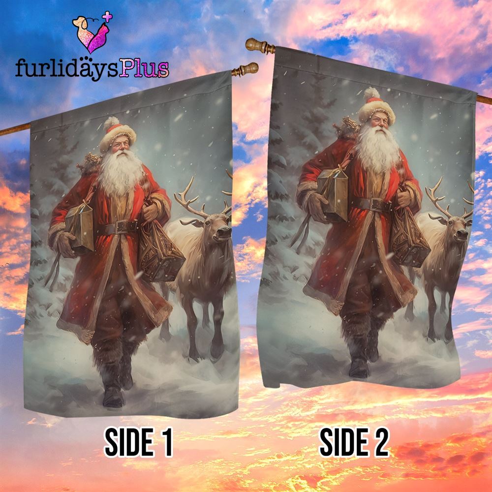 Christmas Flag, Santas Wintry Walk With The Majestic Reindeer Santa Claus Xmas Garden Flag