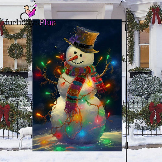 Christmas Flag, Snowman Surrounded By String Lights Christmas Garden Flag