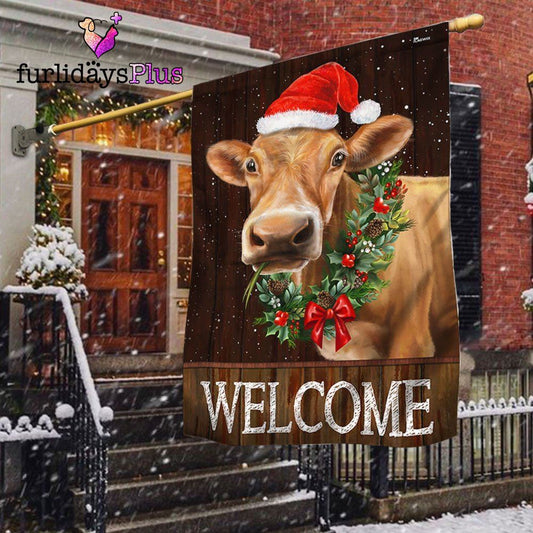 Christmas Flag, Welcome Farm Funny Cow Cattle Christmas Flag