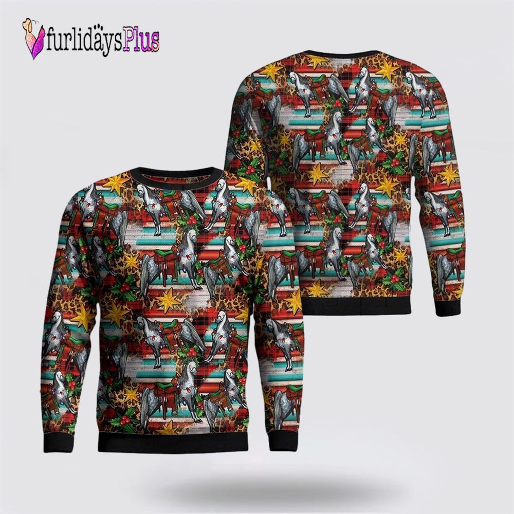 Christmas Horse Leopard Tartan With Mistleto Ugly Christmas Sweater, Christmas Gift, Christmas Winter Fashion, Farmers Sweater