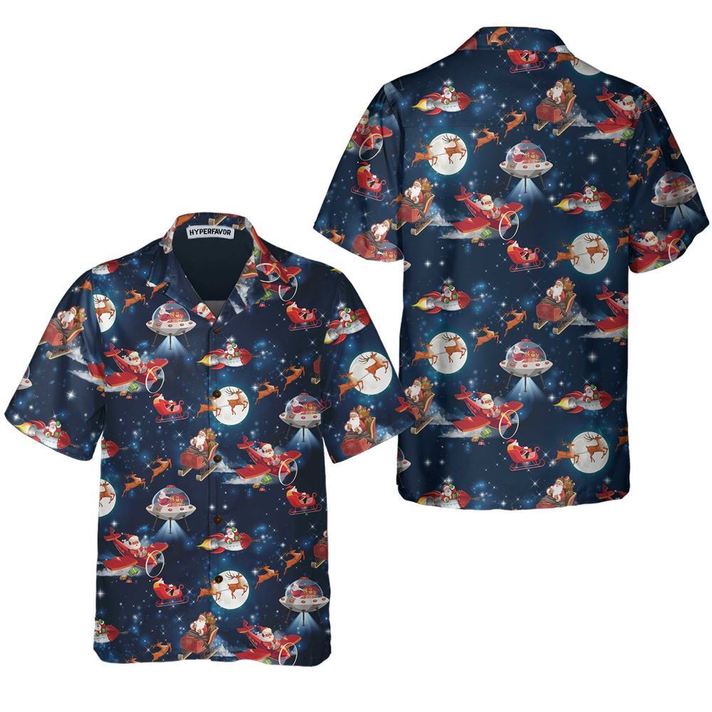 Christmas In Space Christmas Hawaiian Shirt With Santa Claus And Reindeer Pattern, Xmas Hawaiian Shirts