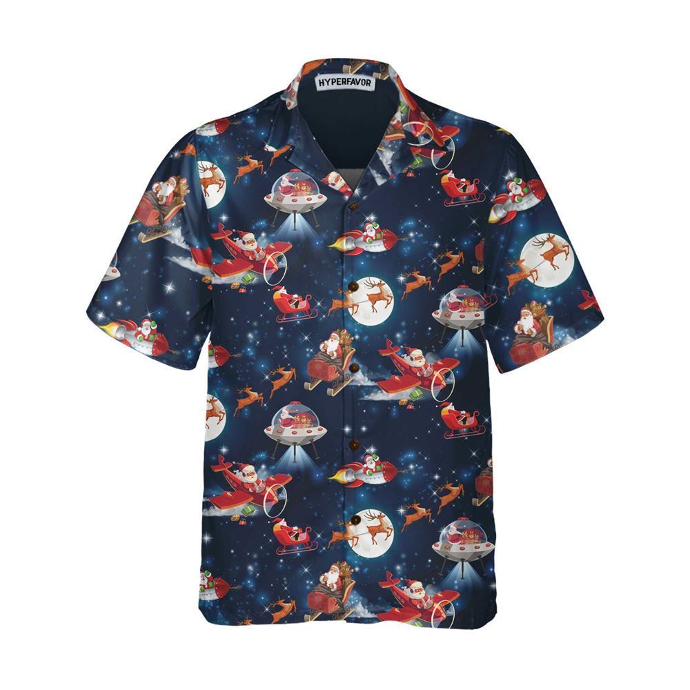 Christmas In Space Christmas Hawaiian Shirt With Santa Claus And Reindeer Pattern, Xmas Hawaiian Shirts