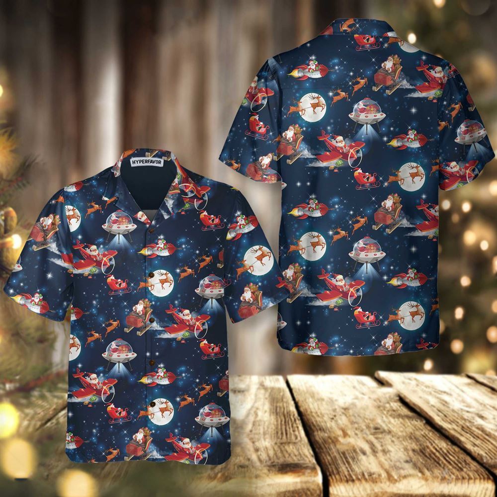 Christmas In Space Christmas Hawaiian Shirt With Santa Claus And Reindeer Pattern, Xmas Hawaiian Shirts