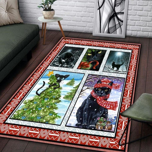 Christmas Rugs, Black Cat Merry Christmas Rectangle Limited Edition Rug, Christmas Floor Mats