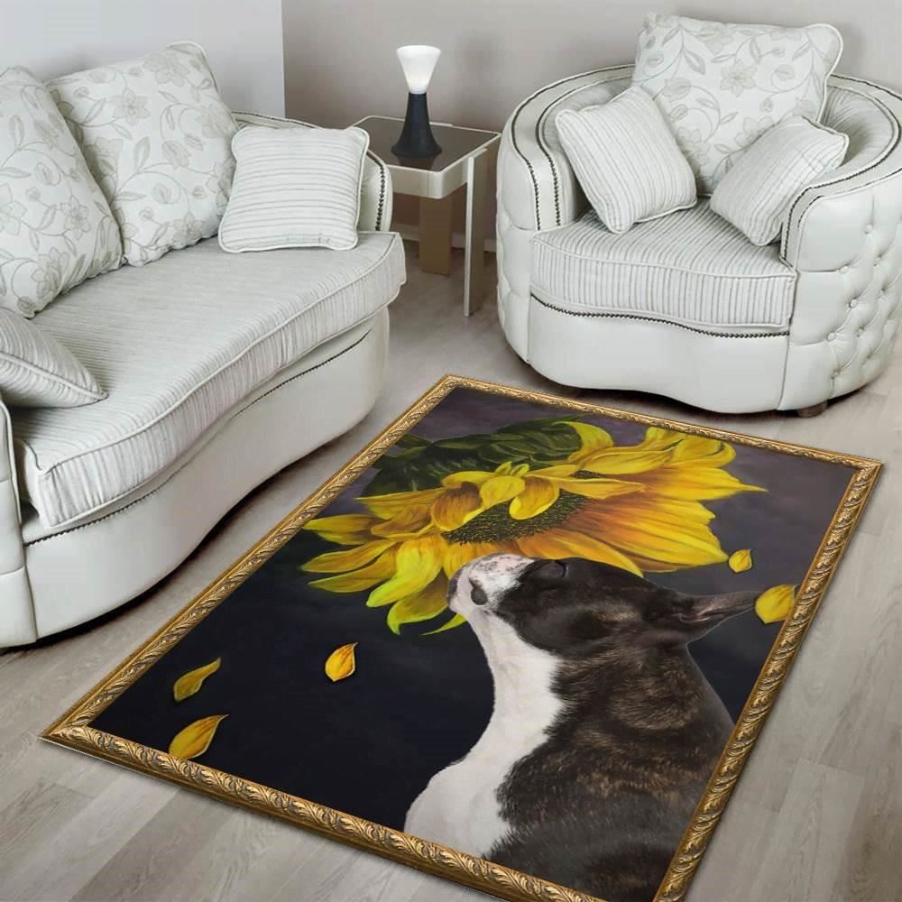 Christmas Rugs, Boston Terrier And Sunflower Christmas Gift Area Limited Edition Rug, Christmas Floor Mats