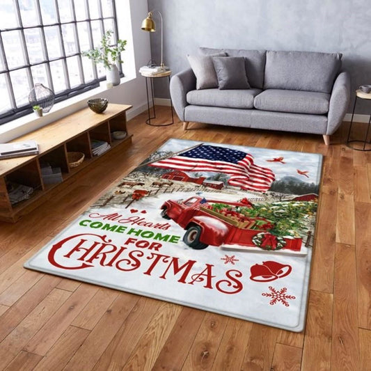 Christmas Rugs, Red Truck American Rug All Hearts Come Home For Christmas, Christmas Floor Mats