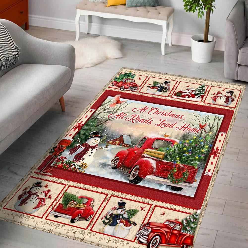 Christmas Rugs, Red Truck Rug At Christmas All Roads Lead Home, Christmas Floor Mats