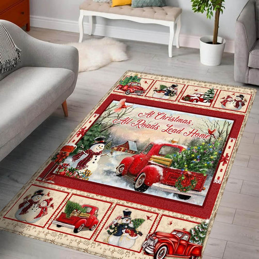 Christmas Rugs, Red Truck Rug At Christmas All Roads Lead Home, Christmas Floor Mats
