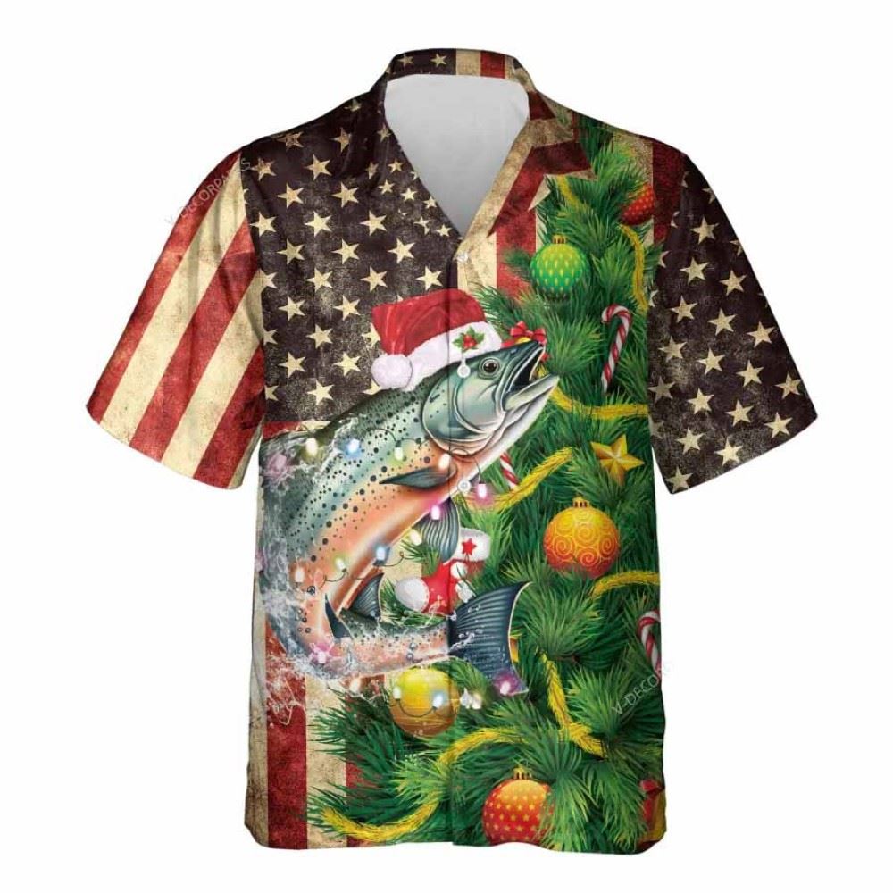 Christmas Salmon Us Flag Casual Button Down Hawaiian Shirt, Xmas Hawaiian Shirts
