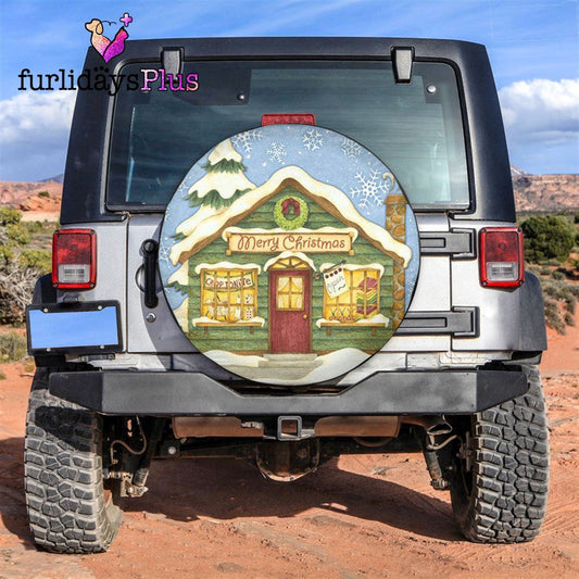 Christmas Tire Cover, Cute Wooden House At Christmas Ever Tire Cover, Tire Covers For Cars