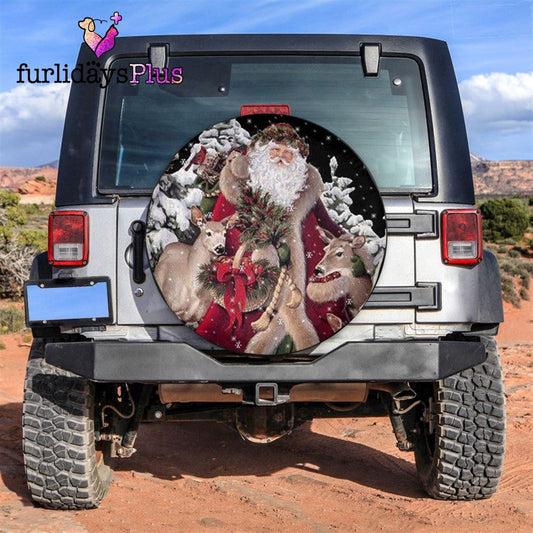 Christmas Tire Cover, Santa Claus And Deer Art Xmas Tire Cover, Tire Covers For Cars