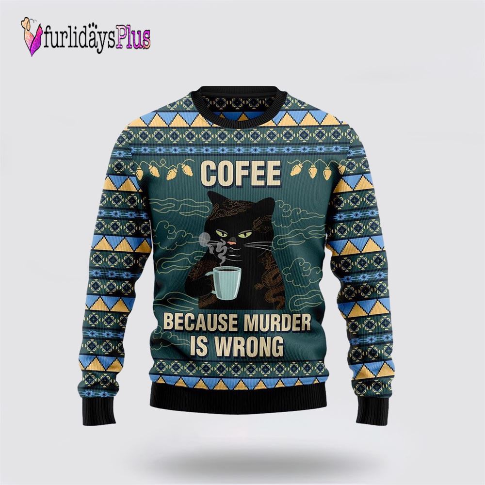 Coffee Cat Ugly Christmas Sweater, Cat Lover Christmas Sweater