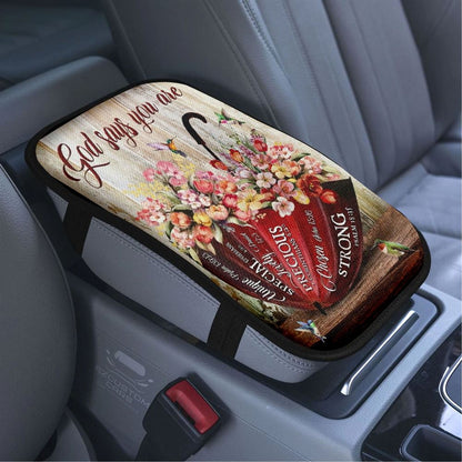 Colorful Flowers, Red Umbrella, God Says You Are Car Center Console Cover, Bible Verse Car Armrest Cover