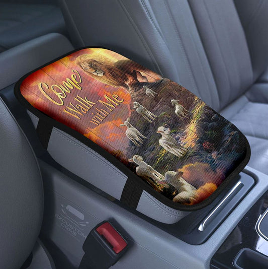 Come And See Blue White Jesus Car Center Console Cover, Christian Armrest Pad Cover, Jesus Car Accessory