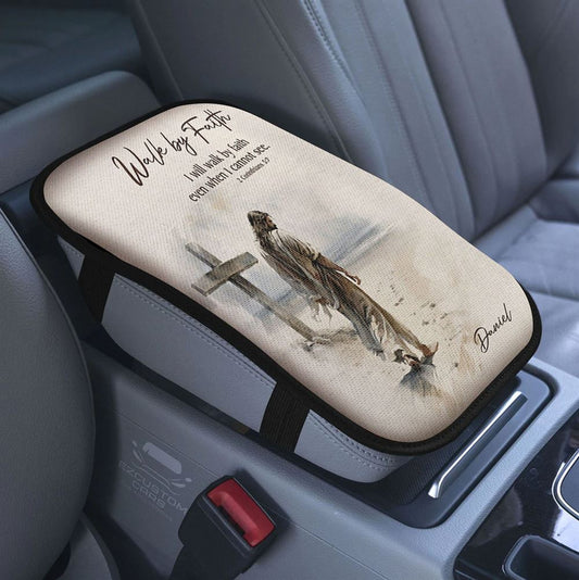 Come Walk With Me Lion And Lambs Car Center Console Cover, Bible Verse Armrest Pad Cover, Christian Inspirational Car Accessory