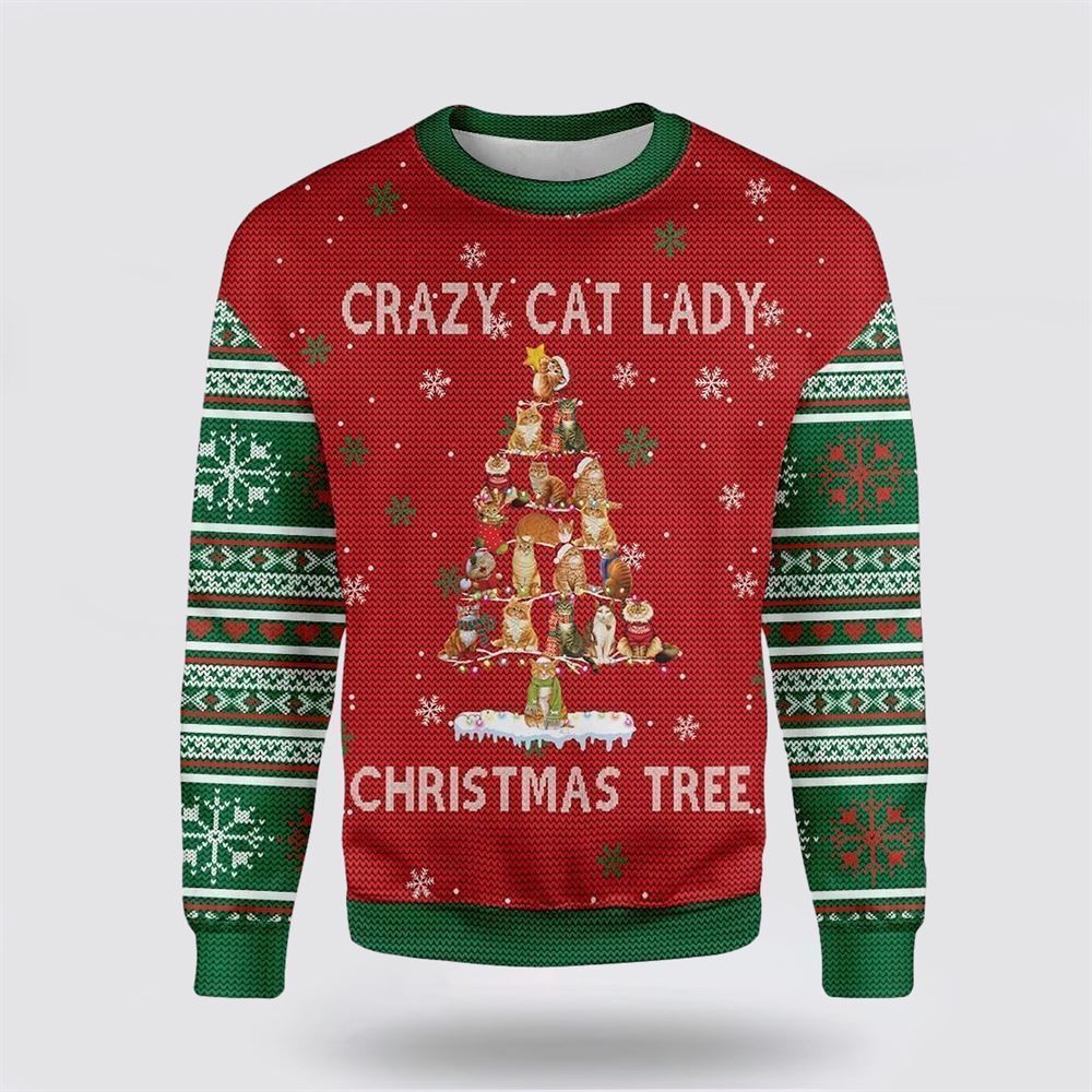 Crazy Cat Lady Christmas Tree Ugly Christmas Sweater, Christmas Sweater For Cat Lover