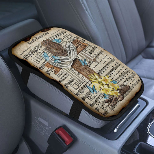 Crown Of Thorn Wooden Cross Car Center Console Cover, Jesus Paid It All Armrest Pad Cover, Christian Car Accessory