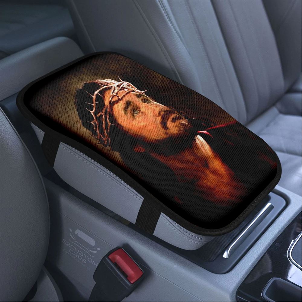 Crown Of Thorns, Stunning Jesus Artwork, Jesus Painting Car Center Console Cover, Bible Verse Car Armrest Cover