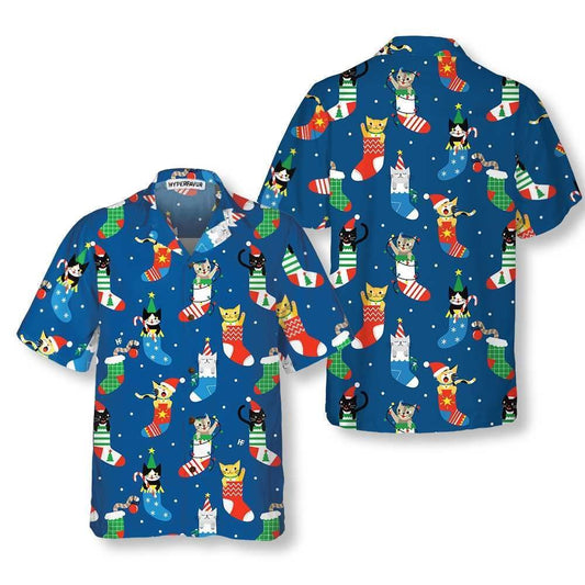 Cute Cats In Christmas Socks Hawaiian Shirt, Xmas Hawaiian Shirts