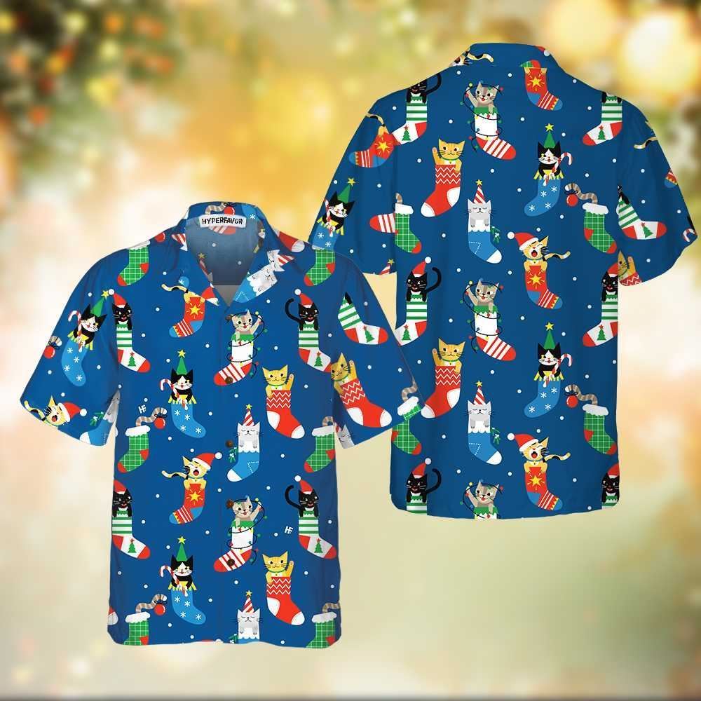 Cute Cats In Christmas Socks Hawaiian Shirt, Xmas Hawaiian Shirts