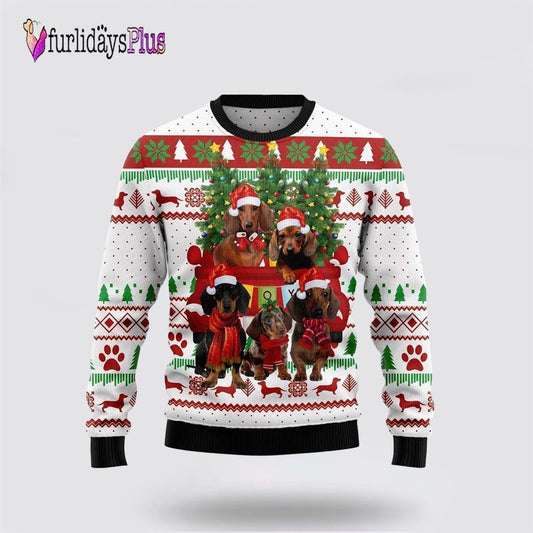 Dachshund Dog Red Truck Ugly Christmas Sweater, Dog Lover Christmas Sweater