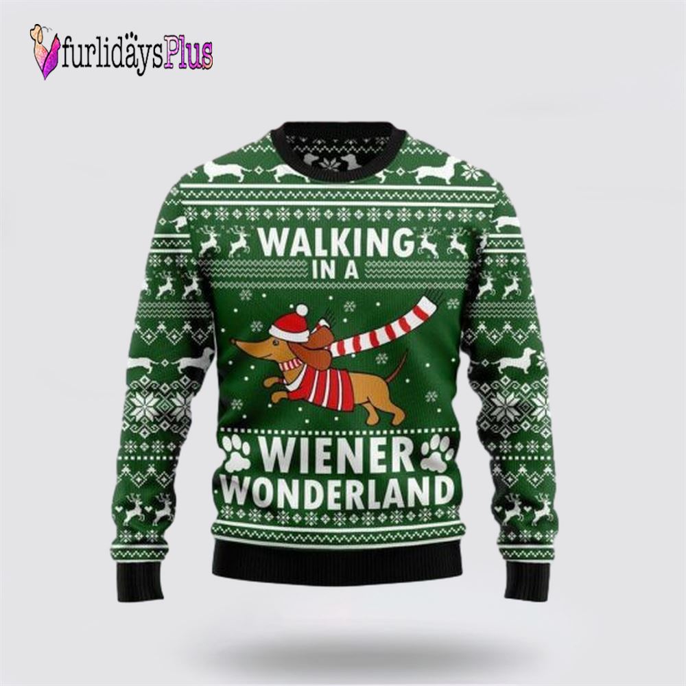 Dachshund Dog Walking In A Wiener Wonderland Ugly Christmas Sweater, Dog Lover Christmas Sweater